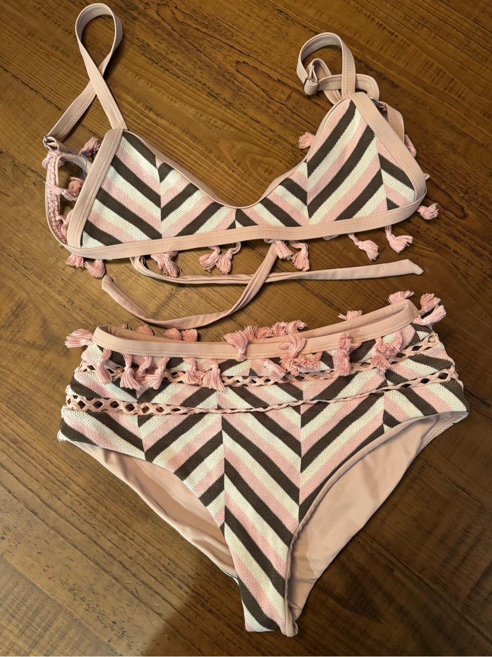 Tularosa Pink & Brown Striped Tassel Kids Bikini Top size med. bottom size small